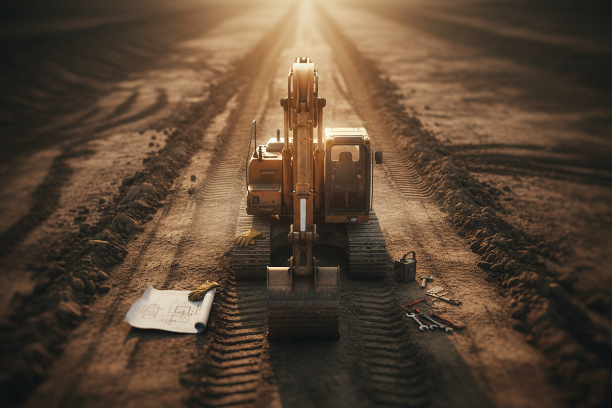 Cinematic storytelling photoshoot of an excavator symbolizing craftsmanship and legacy. Camera elevated above the machine, slowly angled forward, capturing the excavator centered on rugged ground. A soft beam of sunlight highlights the cabin and arm, representing growth and dedication. Tire tracks behind it show a path built over time, custom lighting gives emotional depth, warm earthy tones, slight motion blur of dust settling. Include subtle elements of hard work—gloves resting near tracks, blueprint pape