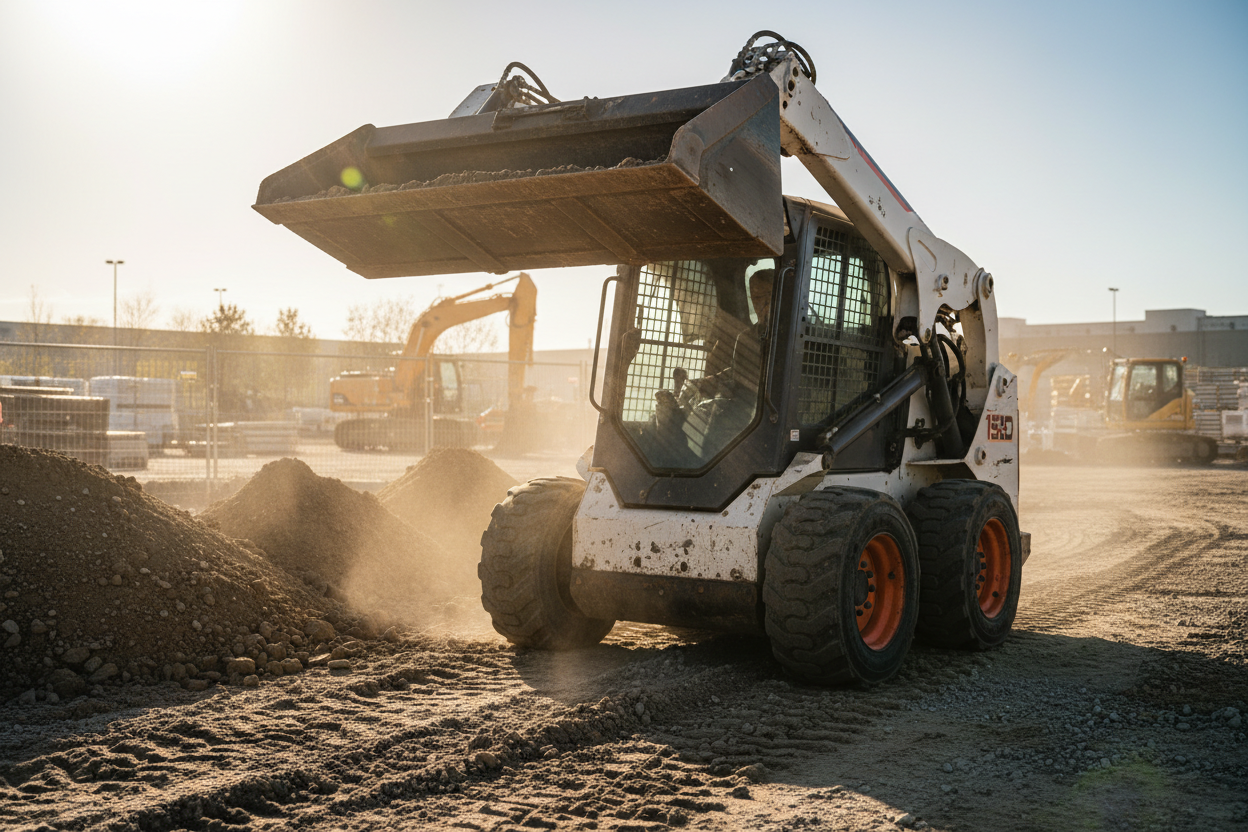 Hyper-realistic cinematic photoshoot of a compact skid steer at an active worksite, positioned in a low-angle front view with bucket raised. Dust particles in the air, fresh dirt piles around, rugged tire marks, realistic hydraulic details, sunlight casting dramatic shadows across the machine. Industrial background with fencing, gravel ground, and construction equipment blurred behind. Ultra sharp focus, high contrast lighting, HDR finish, 8K resolution, slight lens flare, cinematic depth of field.