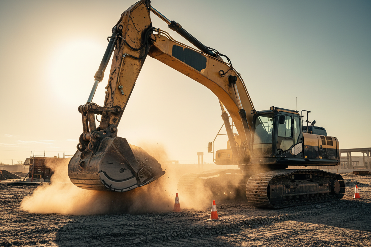 Hyper-realistic cinematic photoshoot of a large excavator at a construction site during golden hour. The machine is positioned at an angle, lifting dirt with the bucket, dramatic dust in the air, warm sunlight hitting the metal surfaces, detailed hydraulic lines, realistic reflections, rugged terrain, deep shadows, ultra sharp focus, dynamic perspective, wide-angle lens, soft background bokeh. Include construction cones, gravel texture, and industrial vibe. Cinematic lighting, HDR style, high contrast, 8K 