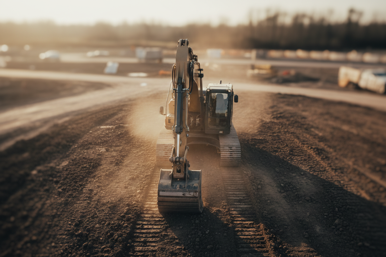 Soft cinematic aerial-shot photoshoot of a modern excavator from above, captured at a smooth overhead angle. The bucket is gently resting on earth, clean tracks forming lines in the soil, subtle dust haze, soft golden-hour lighting creating warm highlights on the metal. Background softly blurred, smooth depth of field, minimal shadows, wide angle top-down perspective, crisp hydraulic details visible, natural tones, 8K resolution, calm aesthetic construction scene, elegant composition with gentle contrast an