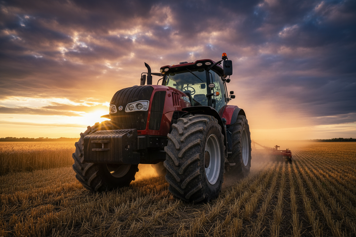 Ultra-realistic cinematic photoshoot of a powerful modern tractor in an open farm field at sunset. Tractor positioned in a dominant front-angle view, large wheels with detailed mud texture, sunlight reflecting off polished metal, dust trails behind, dramatic clouds in the background. Crops and farmland visible, wide-angle depth, soft golden glow, sharp focus on tractor details, HDR contrast, 8K resolution. Add slight lens flare, realistic ground shadows, and subtle haze for cinematic atmosphere.